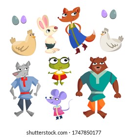 Fox, wolf, hare, mouse, bear, frog cute characters without outline on a white background in isolation