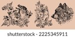 Fox, wolf, rabbit, flowers, berries, in the style of tattoo graphics. t-shirt print graphic design. - Vector