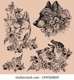 Fox, wolf, rabbit, flowers, berries, in the style of tattoo graphics. t-shirt print graphic design. - Vector