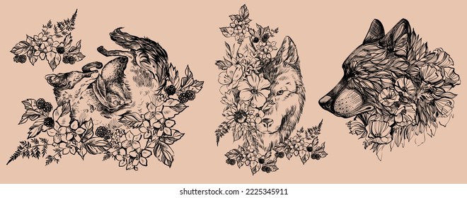 Fox, wolf, rabbit, flowers, berries, in the style of tattoo graphics. t-shirt print graphic design. - Vector