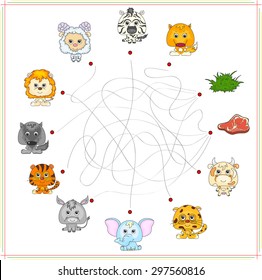 Fox, wolf, sheep, lamb, lion, zebra, donkey, tiger, elephant, cow and jaguar with their food. Carnivores and herbivores. Educational game for children: find the right answer. Vector illustration