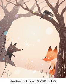 Fox and wolf in winter magic forest with trees branches and snow. Seasonal nature scenery with snowfall and snowflakes, Christmas design. Vector fairy tale cartoon illustration for children.