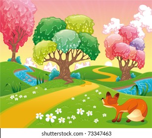 Fox in the wood. Funny cartoon and vector scene. Isolated objects