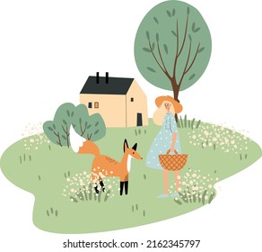 fox woodland animals and girl illustration, forest house vector clipart, sublimation designs images, baby shower clip art