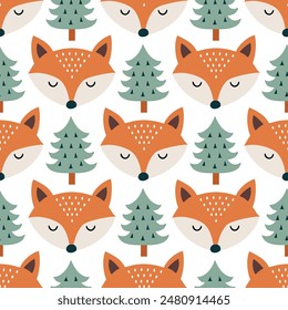 Fox in woodland forest. Seamless pattern of fox heads and pine trees on white background. Vector illustration in scandinavian style.