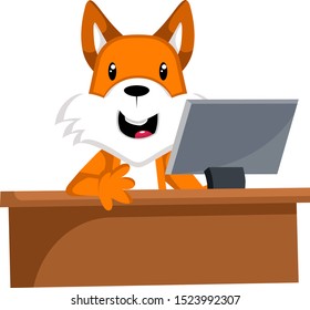 Fox working, illustration, vector on white background.