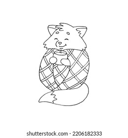 The fox wrapped herself in a blanket and drinks a warming drink. Autumn. Hot tea. Doodle. Drawn by hand. Sketch. Silhouette. Black and white. Contour. Coloring.