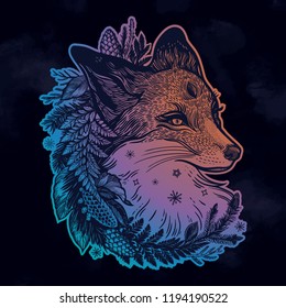 A fox with a wreath of coniferous forest plants in vintage style. Dreamy magic art. Night, nature, wicca symbol. Isolated vector illustration. Great outdoors, tattoo and t-shirt design.
