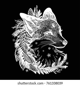 A fox with a wreath of coniferous forest plants in vinatge style. Dreamy magic art. Night, nature, wicca symbol. Isolated vector illustration. Great outdoors, tattoo and t-shirt design. 
North animal.