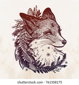 A fox with a wreath of coniferous forest plants in vinatge style. Dreamy magic art. Night, nature, wicca symbol. Isolated vector illustration. Great outdoors, tattoo and t-shirt design. 
North animal.