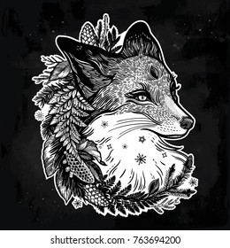 A fox with a wreath of coniferous forest plants in vinatge style. Dreamy magic art. Night, nature, wicca symbol. Isolated vector illustration. Great outdoors, tattoo and t-shirt design. 
North animal.