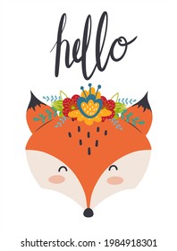 Fox with wreath in scandinavian style isolated on white background with lettering for kids design