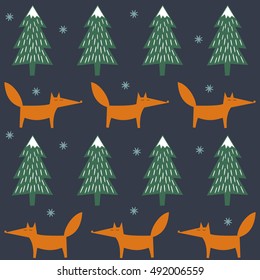 Fox, xmas trees and snowflakes seamless pattern on dark blue background. Cute cartoon forest background. Simple vector winter holidays design for textile, wallpaper, wrapping paper, fabric, decor.