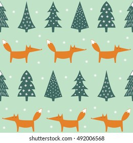 Fox, xmas trees and snowflakes seamless pattern .Cute forest background. Simple vector winter holidays design for textile, wallpaper, wrapping paper, fabric, decor.