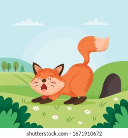 Fox yawning and stretching in spring. Cute vector illustration in flat style