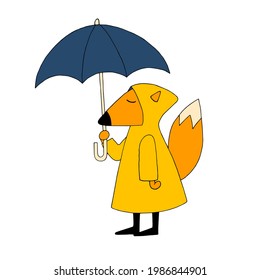 A fox in a yellow raincoat under an umbrella. Doodle. Vector. Hand-drawn illustration.