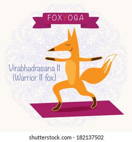 The fox yoga. The cute fox standing on a yoga mat and doing a Warrior pose. Sport and relaxation.