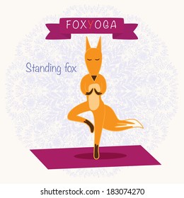 The fox yoga. The cute fox standing on a yoga mat. Sport and relaxation.