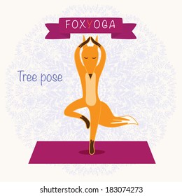 The fox yoga. The cute fox standing on a yoga mat. Sport and relaxation.