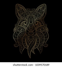 Fox zentangle style golden gradient on black background for t-shirt design, logo, sign, bag, postcard, poster. Stylized illustration of patterned fox .Vector illustration. Eps10