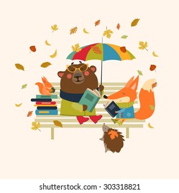 Fox,bear, Hedgehog And Little Squirrel Reading Books On Bench. Vector Isolated Illustration