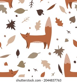 Foxes and autumn fall leaves, flowers, vector seamless pattern. Forest illustration. Nature design. Thanksgiving day. Fall season with cute forest animal.