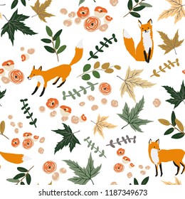 Foxes and autumn orange maple leaves, flowers, white background. Vector seamless pattern. Floral illustration. Nature design. Thanksgiving day. Fall season with cute forest animal