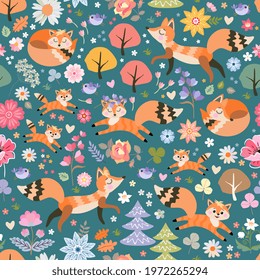 Foxes and birds in fairy forest with beautiful flowers and trees. Cute seamless pattern. 