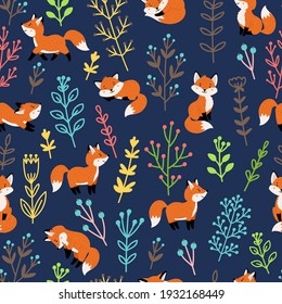 Foxes with branches seamless pattern. Cartoon funny mammals with cute tails, vector illustration of forest emotional orange animals around blooming elements of nature