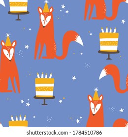 Foxes, cakes with candles, hand drawn seamless pattern. Colorful background vector, animals, confectionery. Decorative cute wallpaper, good for printing. Overlapping backdrop design