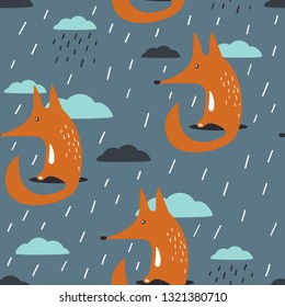 Foxes, clouds, rain, hand drawn backdrop. Colorful seamless pattern with animals and sky. Cute wallpaper, good for printing. Overlapping background vector. Design illustration