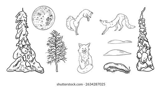Foxes and coniferous forest hand drawn black white outline vector set illustration. Wild animals with fir trees, bare tree, full moon and snowdrift for winter woodland scene and Christmas landscape.