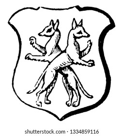 Foxes Counter Salient have two foxes in this pattern, vintage line drawing or engraving illustration.