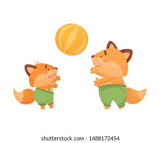 Foxes dad and son play ball. Vector illustration on a white background.