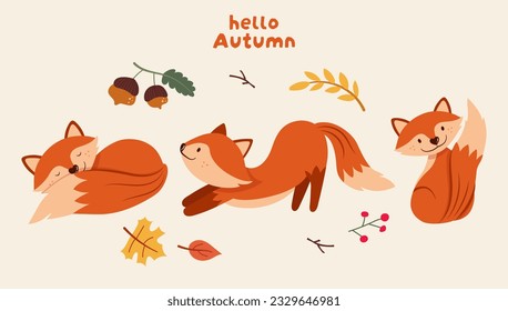 Foxes different actions with Autumn concept