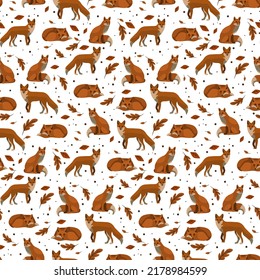 
Foxes in different poses and from different angles. Seamless pattern of foxes with leaves in autumn. Vector illustration