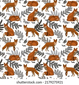 Foxes in different poses and from different angles. Seamless pattern of foxes with branches and leaves. Vector illustration