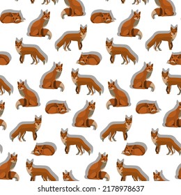 Foxes in different poses. Seamless pattern of foxes with shadow. Vector illustration