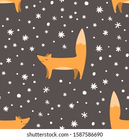 Foxes and doodle snowflakes seamless pattern. Winter background with cute animals. Scandinavian style. Vector illustration.