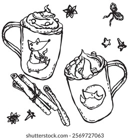 Foxes are drawn on two cups of whipped cream: one fox with a cup of hot drink, the second curled up and sleeping, around the cups lie spices - cinnamon, anise seeds and cloves.