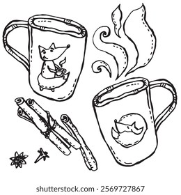 Foxes are drawn on two cups: one with a cup of hot drink, the second curled up and sleeping, around the cups there are spices - cinnamon, anise seeds and cloves