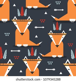 Foxes with feathers, hand drawn backdrop. Colorful seamless pattern with muzzles of animals. Wallpaper, good for printing. Overlapping background vector. Design illustration, indians