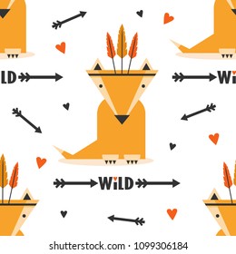 Foxes with feathers, hand drawn backdrop. Colorful seamless pattern with muzzles of animals. Decorative wallpaper, good for printing. Overlapping background vector. Design illustration, indians