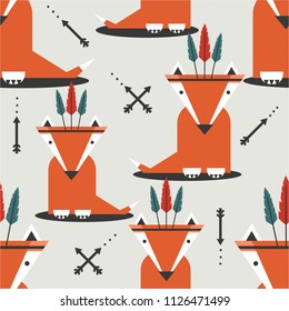 Foxes with feathers, hand drawn backdrop. Colorful seamless pattern with muzzles of animals. Decorative cute wallpaper, good for printing. Overlapping background vector. Design illustration, indians