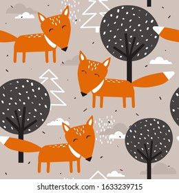 Foxes, fir trees and trees, hand drawn backdrop. Colorful seamless pattern with animals. Decorative cute wallpaper, good for printing. Overlapping background vector. Design illustration