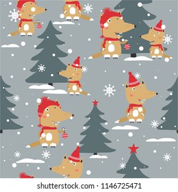 Foxes, fir trees, snow, hand drawn backdrop. Colorful seamless pattern with animals. Cute wallpaper, good for printing. Overlapping background vector. Design illustration. Happy New Year. Winter time