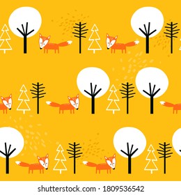 Foxes, firs, trees, hand drawn backdrop. Colorful seamless pattern with animals. Decorative cute wallpaper, good for printing. Overlapping background vector. Design illustration