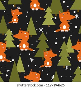 Foxes, fir-trees, snow, hand drawn backdrop. Colorful seamless pattern with animals. Cute wallpaper, good for printing. Overlapping background vector. Design illustration. Happy New Year. Winter time