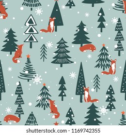 Foxes, fir-trees, snow, hand drawn backdrop. Colorful seamless pattern with animals. Cute wallpaper, good for printing. Overlapping background vector. Design illustration. Happy New Year. Winter time