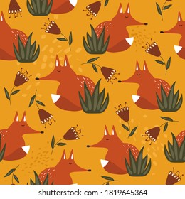 Foxes, flowers, grass, hand drawn backdrop. Colorful seamless pattern with animals. Decorative cute wallpaper, good for printing. Overlapping background vector. Design illustration
